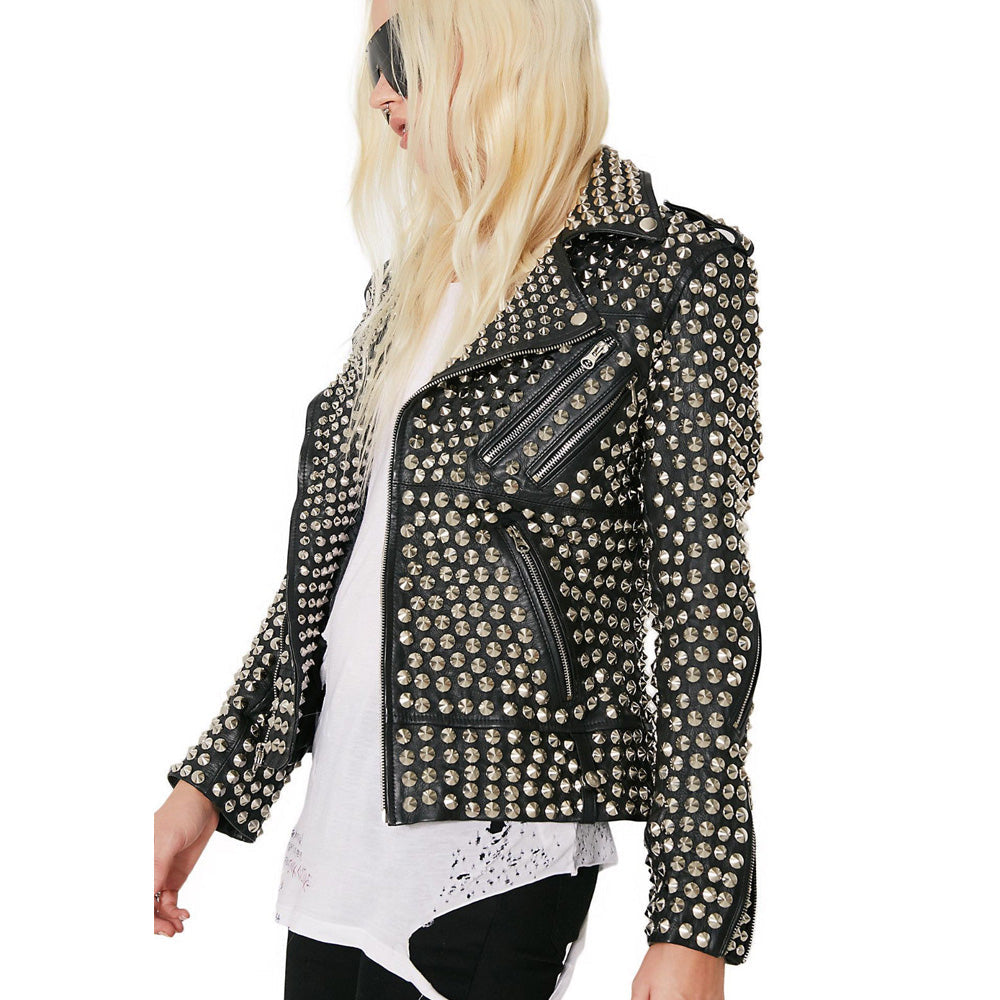 Women Rock Star Silver Studded Leather Jacket