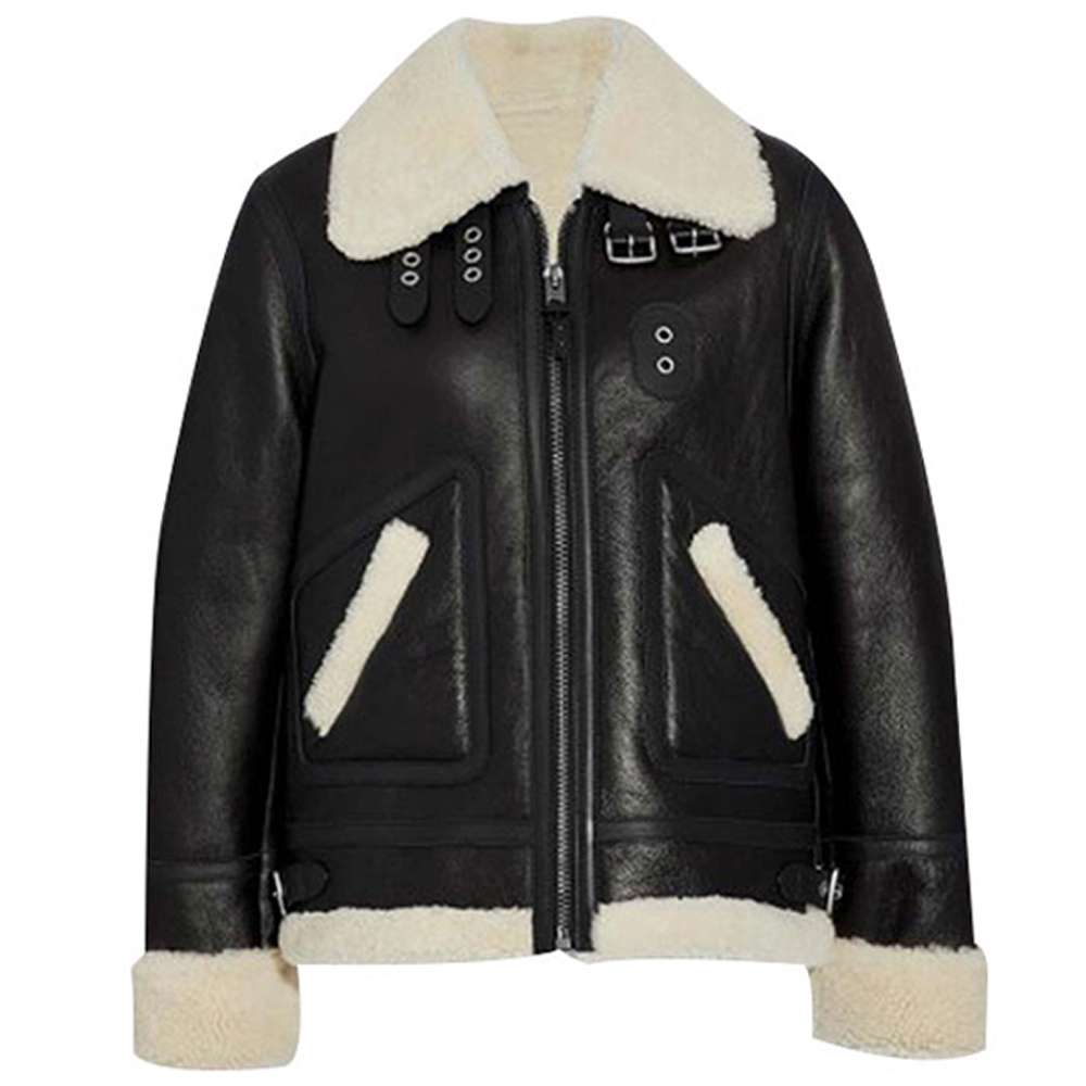 Womens VTG Black Leather B3 Shearling Aviator Jacket
