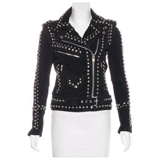 Women Studded Black Suede Leather Moto Jacket