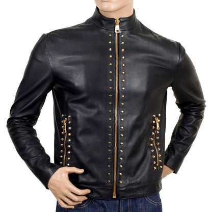 New Men's top Black Soft Cowhide Leather Studded Jacket 2021