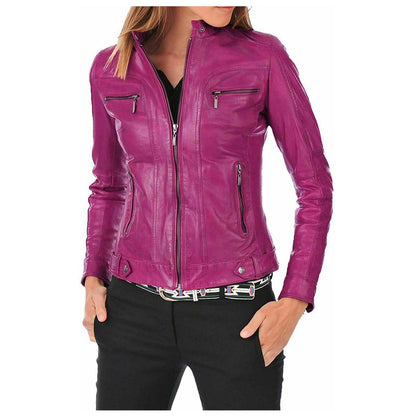 Women Fashion Lambskin Leather Motorcycle Jacket