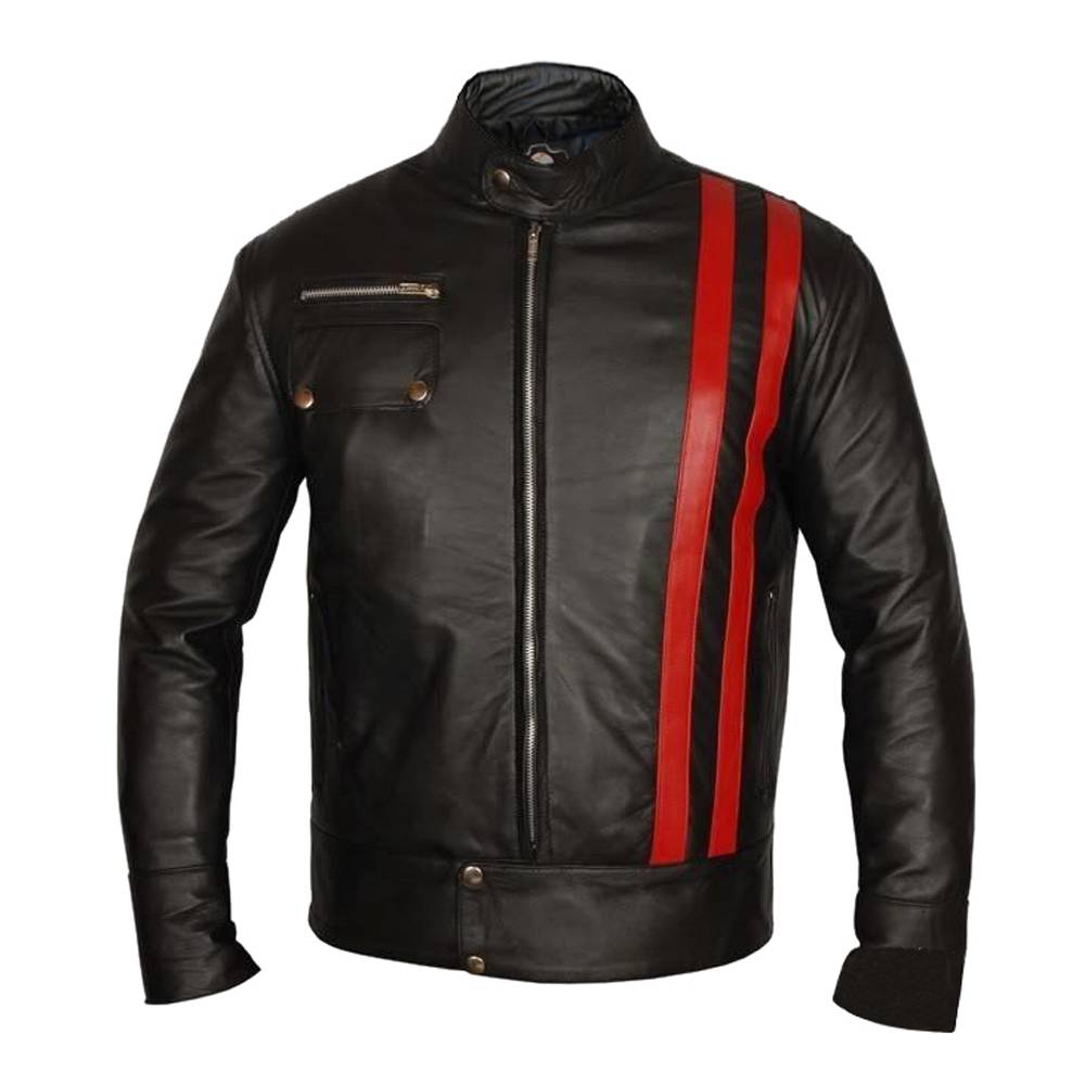 Red Strip Biker Leather Jacket