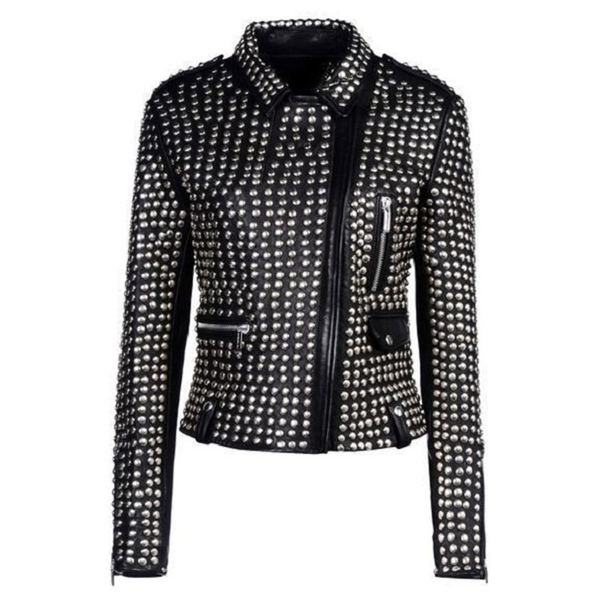 Women Motorcycle Studded Genuine Leather Jacket