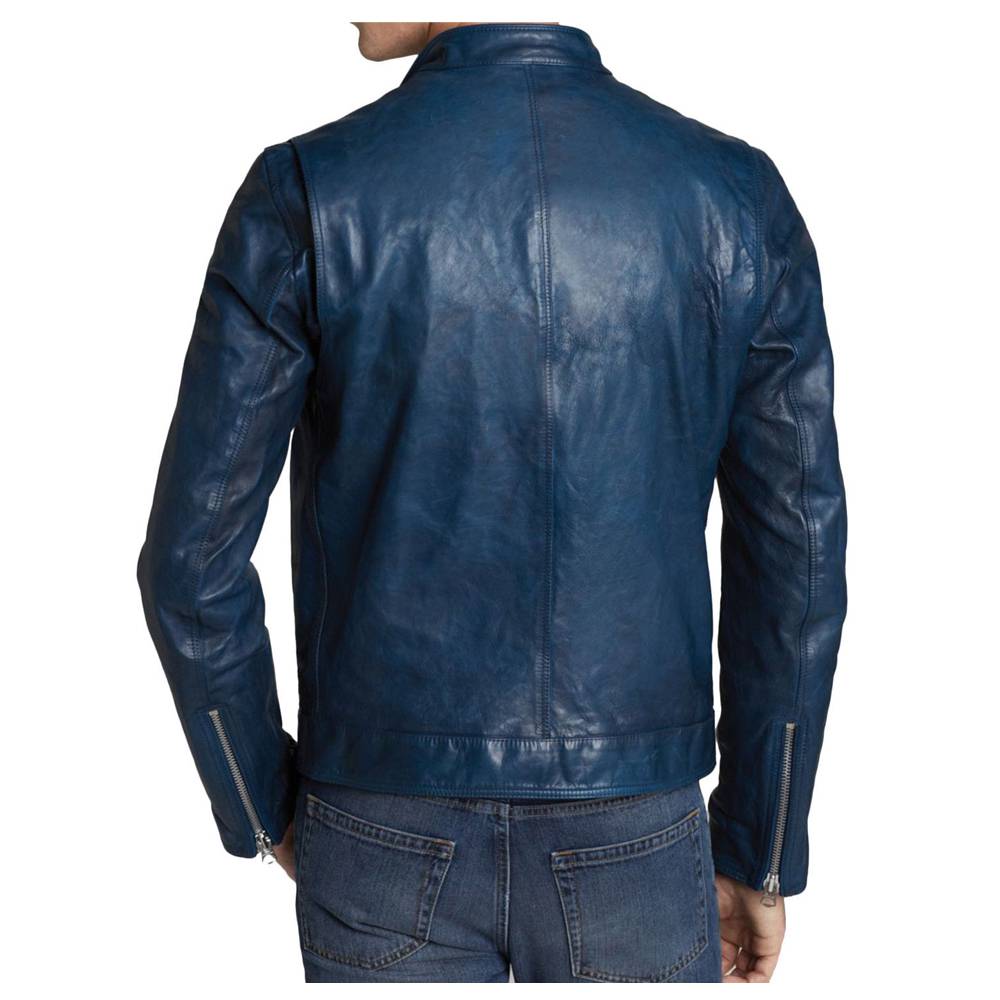 Slim Fit Blue Biker Fashion Leather Jacket Mens