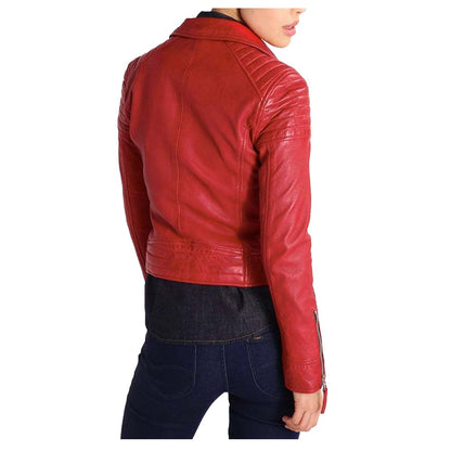 Women Slim Fit Motorcycle Genuine Red Leather Jacket
