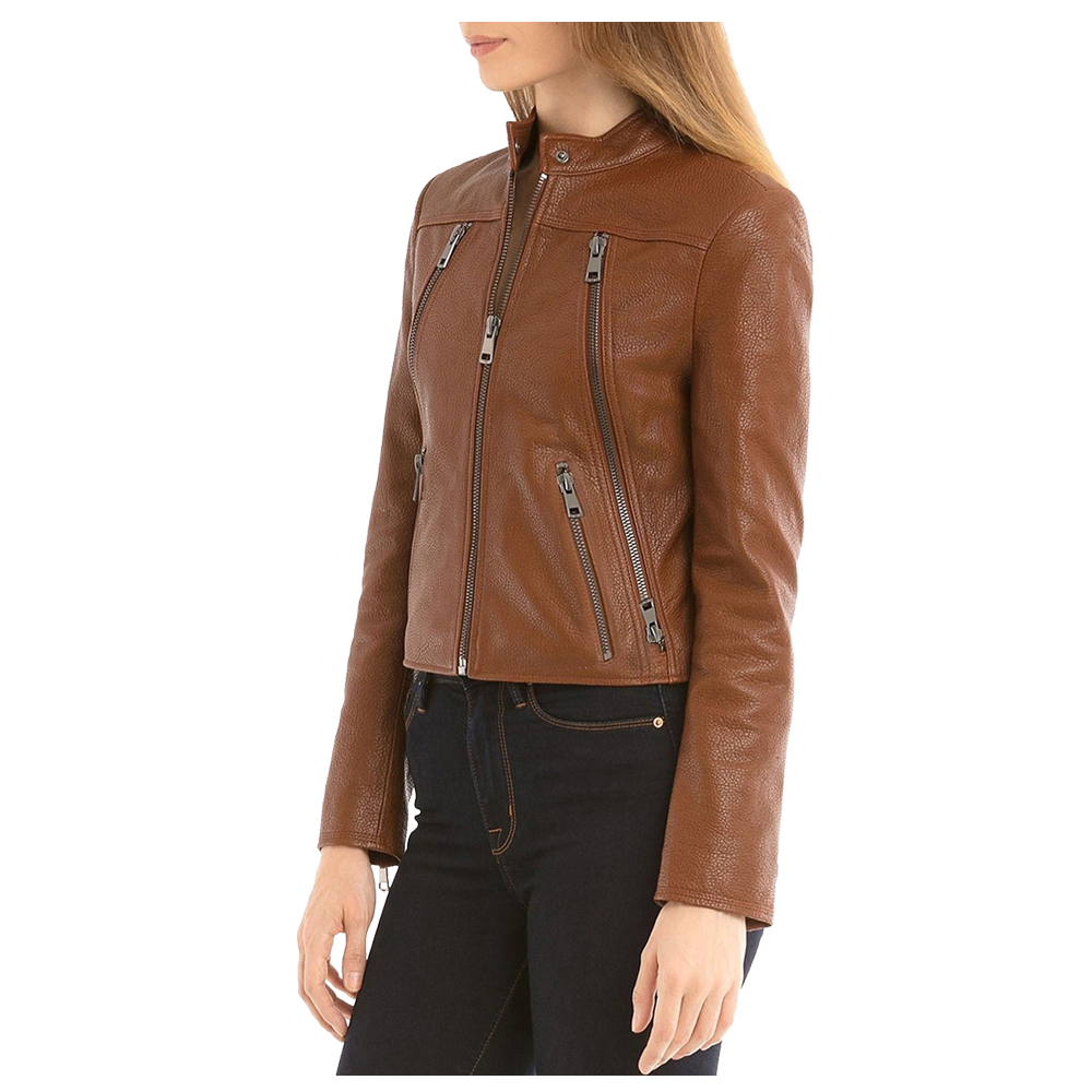 Women Slim Fit Fashion Brown Biker Leather Jacket