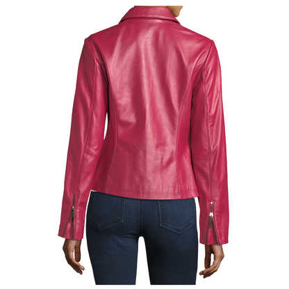 Pink Lambskin Women Biker Leather Jacket