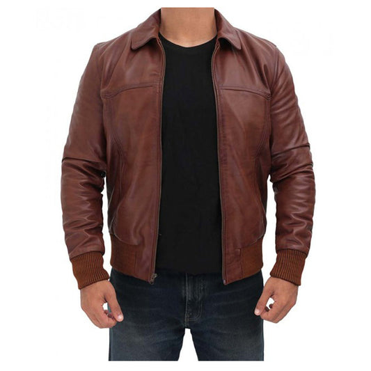Mens Dark Brown Bomber Distressed Leather Jacket