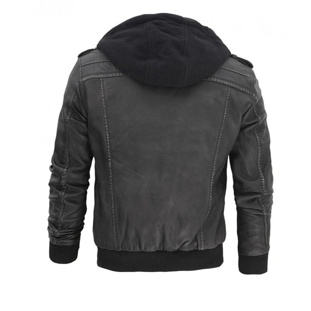 Grey Hooded Bomber Mens Leather Jacket