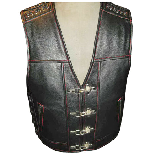 Men Motorcycle Leather Vest For Sale Red Thread