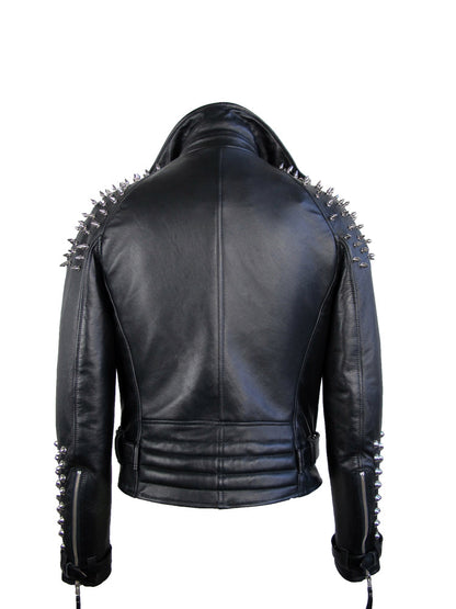 Men Classic Black Half Spiked Studded Zip Up Leather Jacket