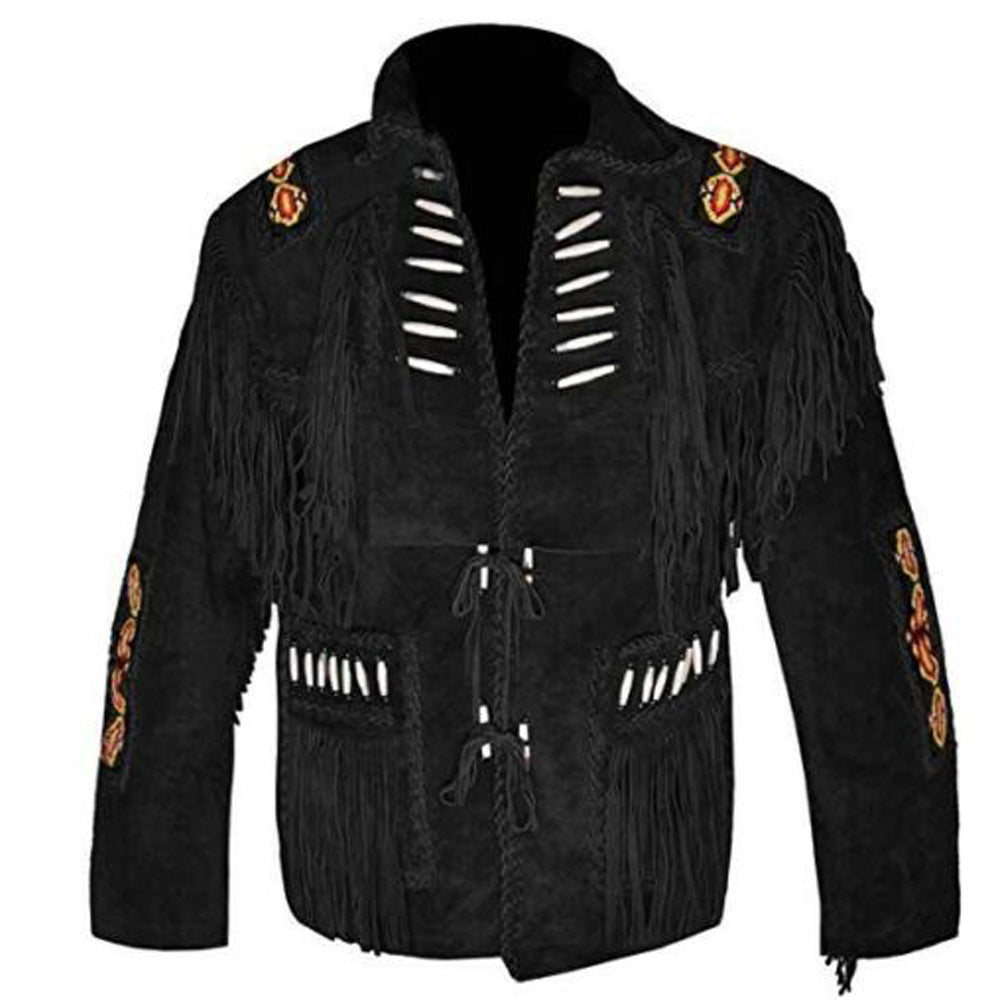 Western Black Suede Leather Fringe Jacket