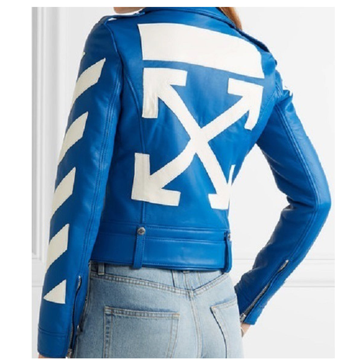 Women Cropped Blue Genuine Leather Fashion Jacket