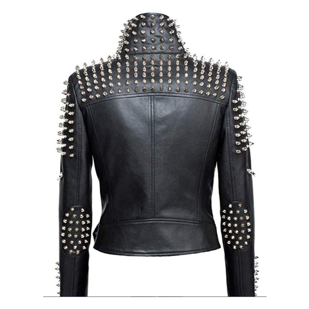 Women Slim Fit Studded Brando Leather Jacket