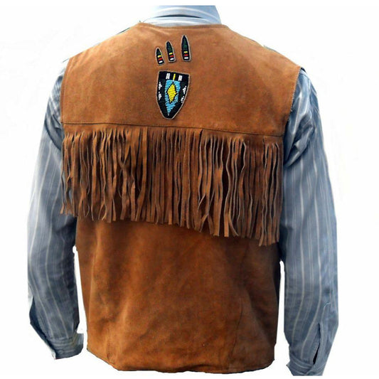 Men Western Brown Suede Leather Vest Fringes Beads Bones