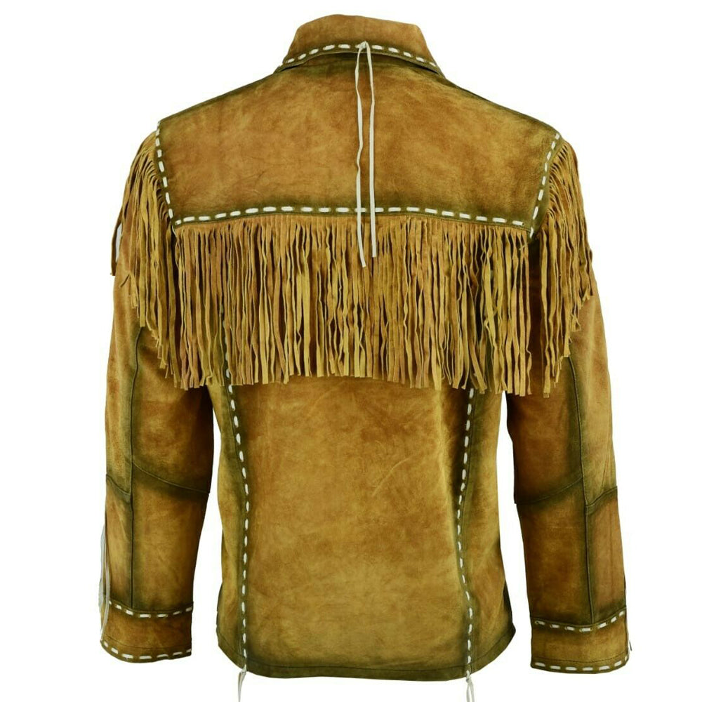 Men Cowboy Fringe Brown Suede Leather Shirt