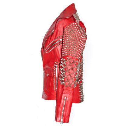 Women Brando Red Leather Studded Biker Jacket
