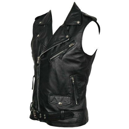 Men Classic Motorcycle Black Leather Vest