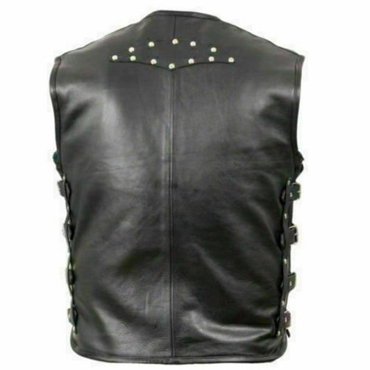 Mens Genuine Leather Heavy Buckled Rocker Biker Vest