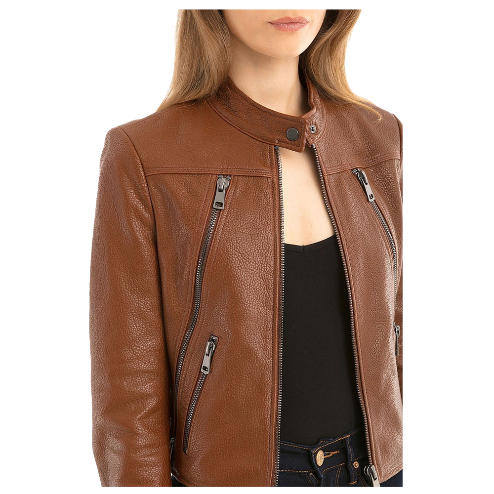 Women Slim Fit Fashion Brown Biker Leather Jacket