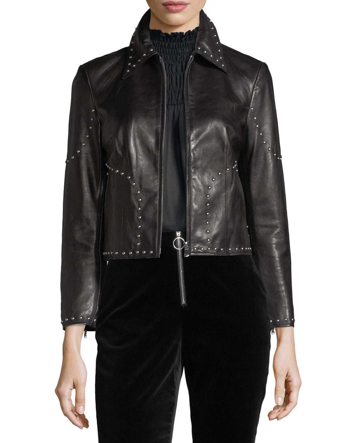Stylish Studded Cropped Front Zip Women's Genuine Lambskin Leather biker Jacket