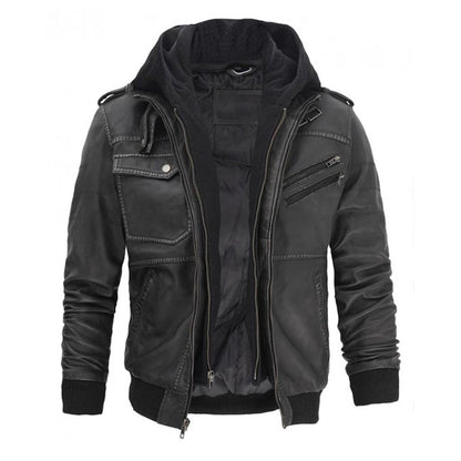 Grey Hooded Bomber Mens Leather Jacket