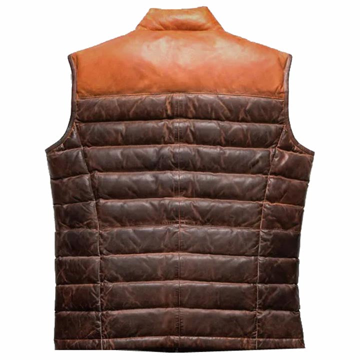 Authentic Brown Bubble Leather Down Vest for Men