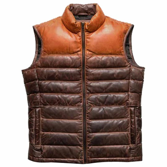 Authentic Brown Bubble Leather Down Vest for Men