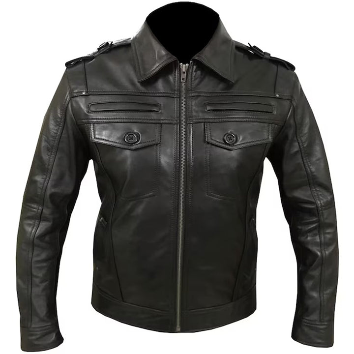 Black Leather Jacket with Epaulettes