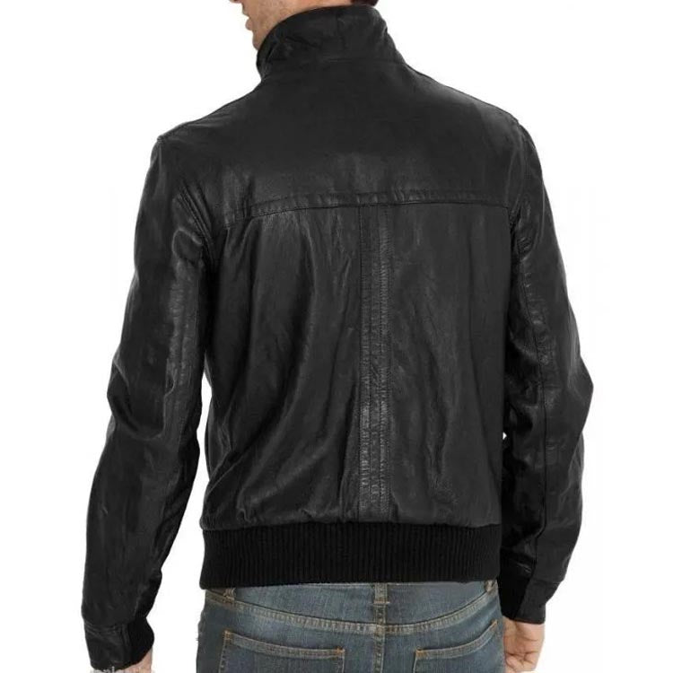 Black Leather Men's Simple Fitted Bomber Jacket