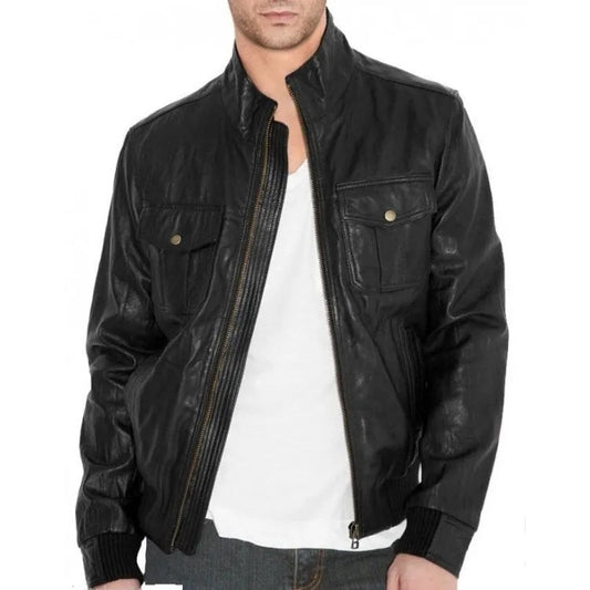 Black Leather Men's Simple Fitted Bomber Jacket