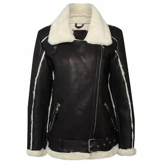 Black Oversized Shearling Leather Jacket For Women