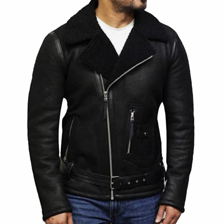 Black Sheepskin Shearling Aviator Jacket for Men