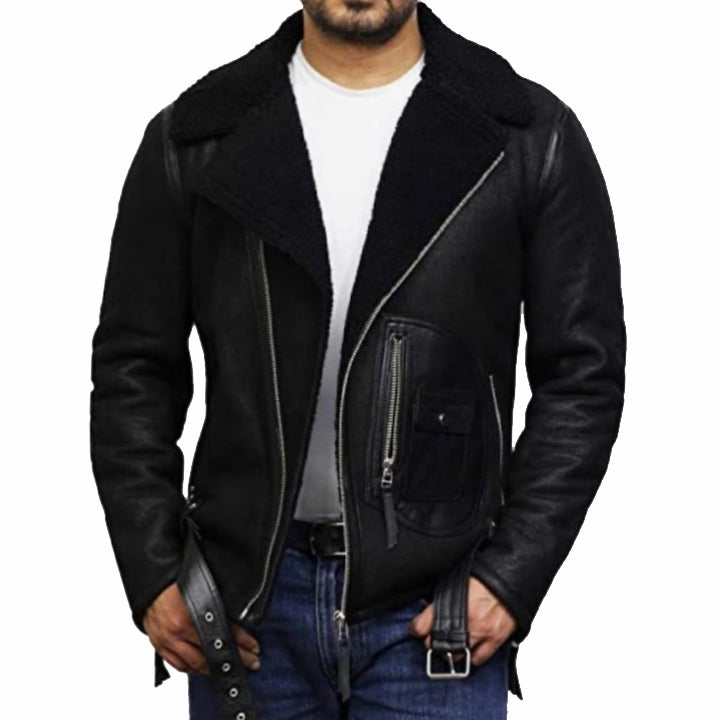 Black Sheepskin Shearling Aviator Jacket for Men
