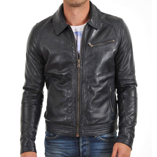 Black Slim fit Biker Leather Jacket for Men