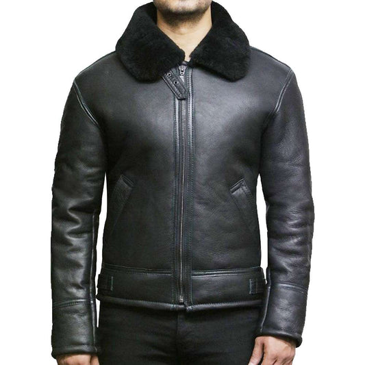 Men Black Shearling Aviator Leather Jacket