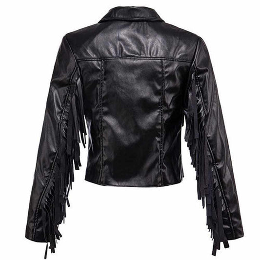 Black Bomber Fashion Fringe Leather Jacket Women