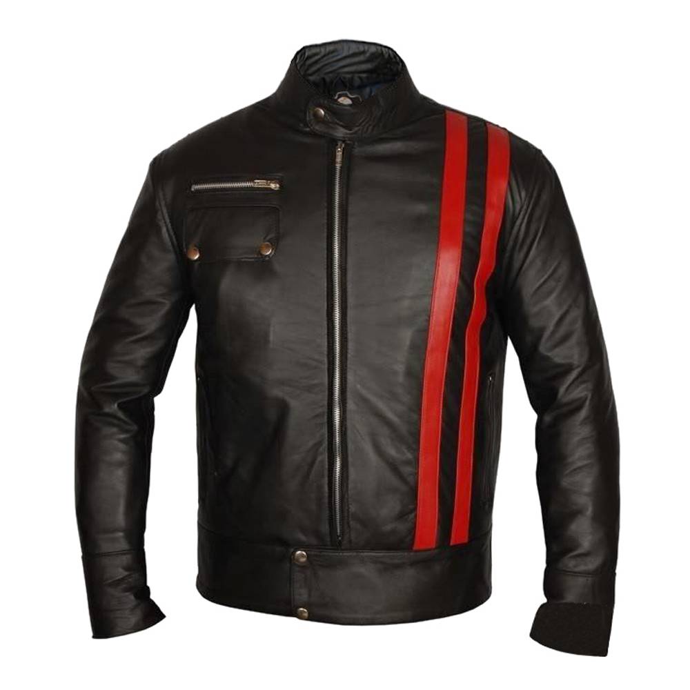 Black Leather Jacket with Red Stripes