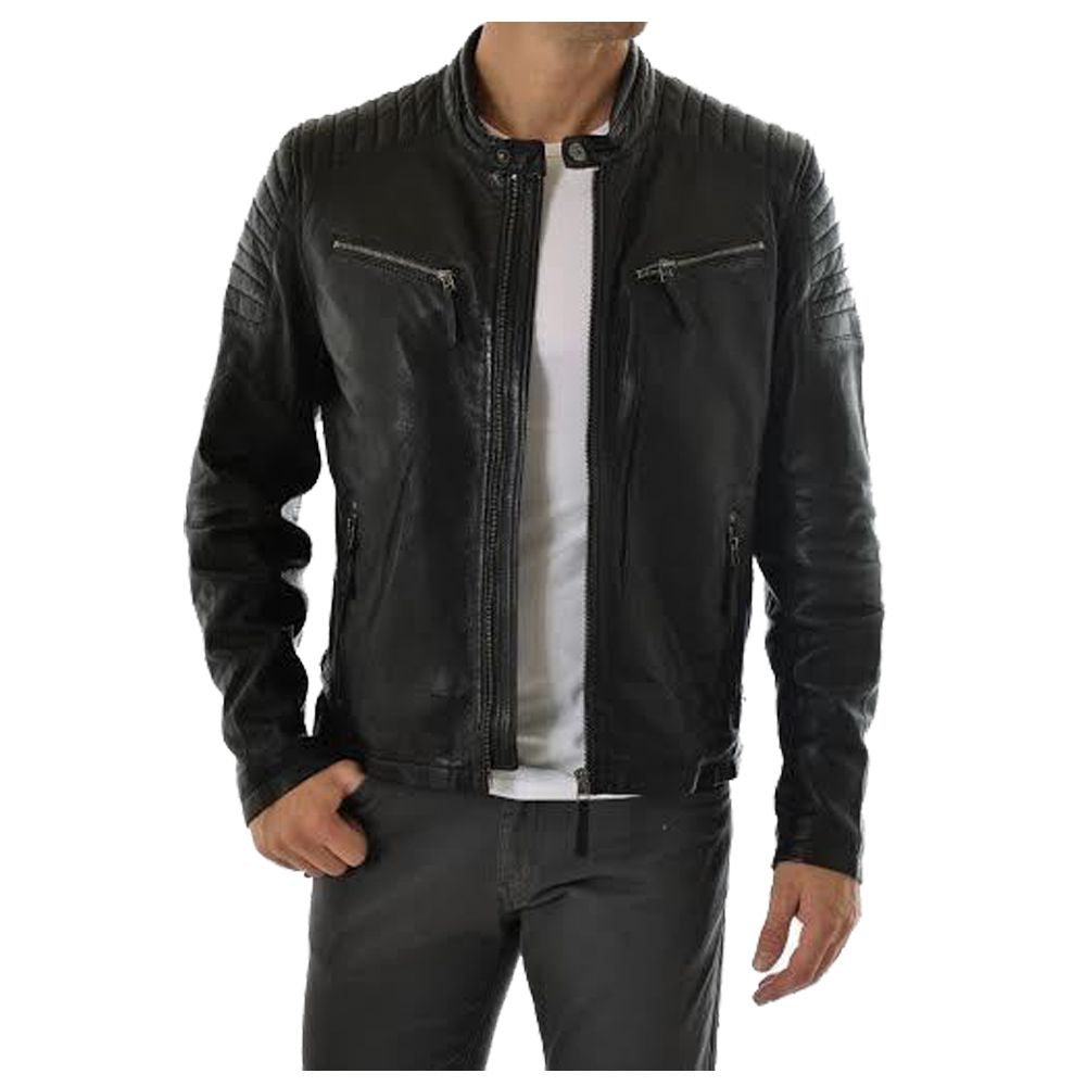 Black Shoulder Stripe Leather Biker Jacket
