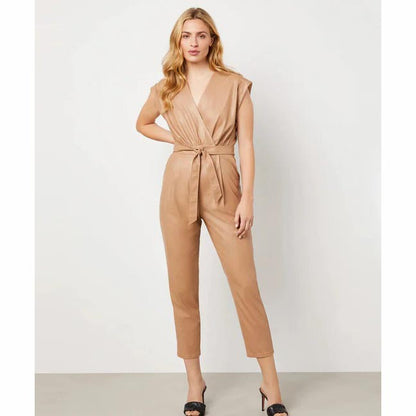 Brown Faux Leather Belted Jumpsuit For Women