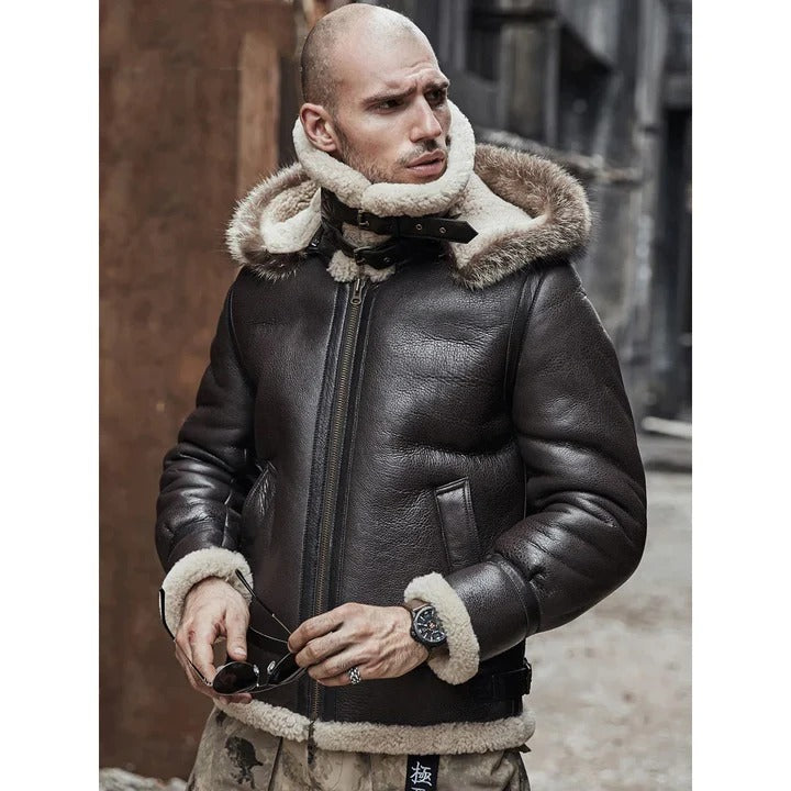 Brown Hooded B3 RAF Aviator Shearling Leather Jacket for Men