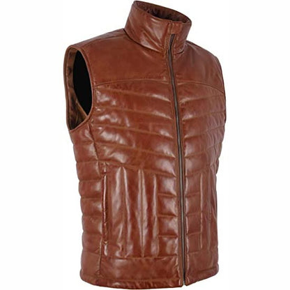 Brown Men's Quilted Puffer Leather Vest