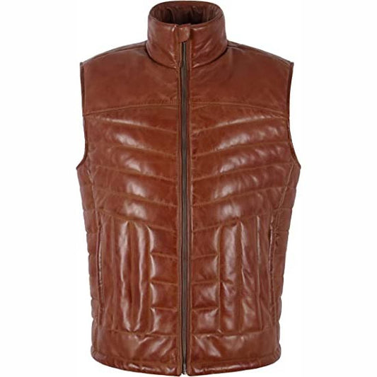 Brown Men's Quilted Puffer Leather Vest