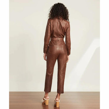Brown Utility Belted Leather Jumpsuit for Women