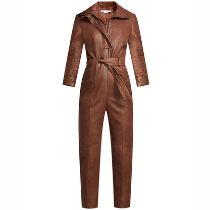Brown Utility Belted Leather Jumpsuit for Women