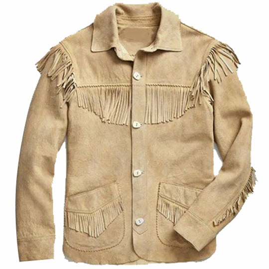Brown Western Suede Leather Jacket For Men With Fringes