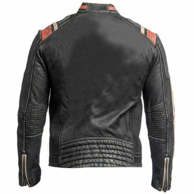 Cafe Racer Retro Distress Black Orange Racing Cowhide Leather Jacket