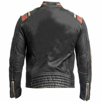 Cafe Racer Retro Distress Black Orange Racing Cowhide Leather Jacket