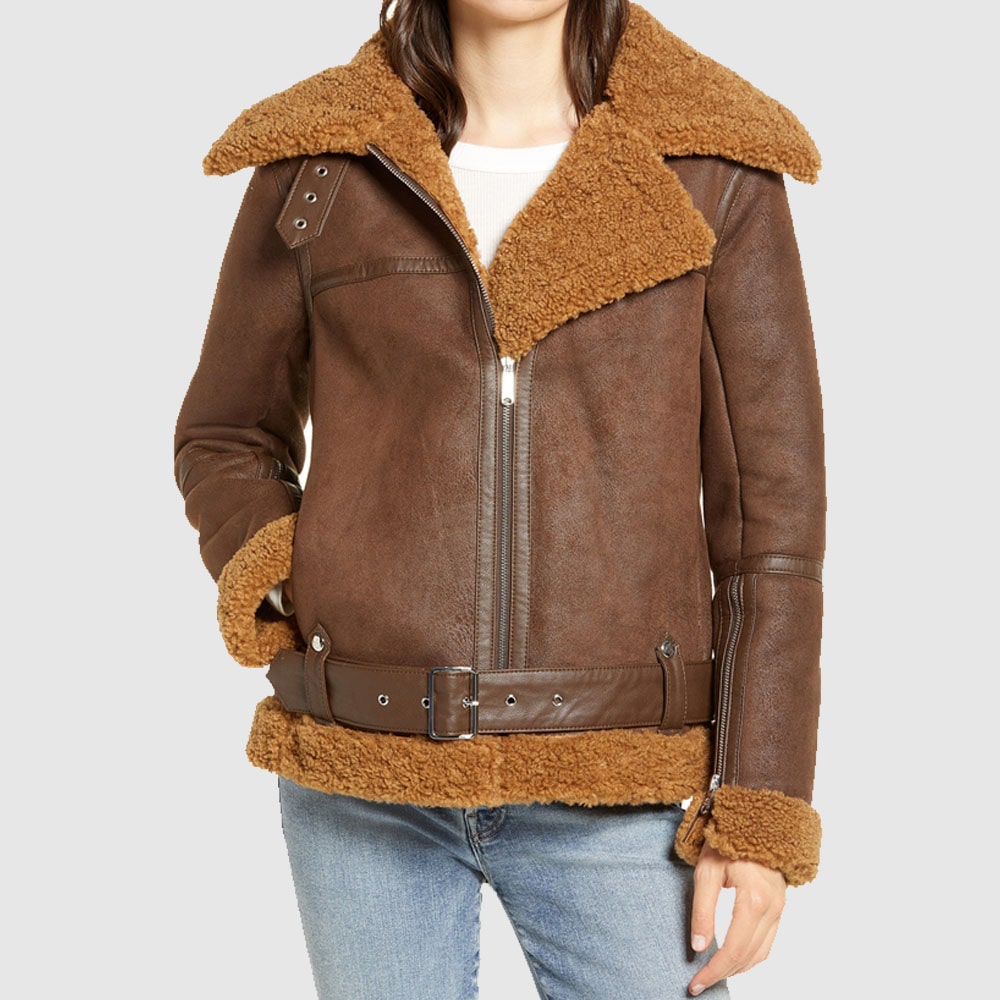 Women B3 Brown Shearling Bomber Leather Jacket