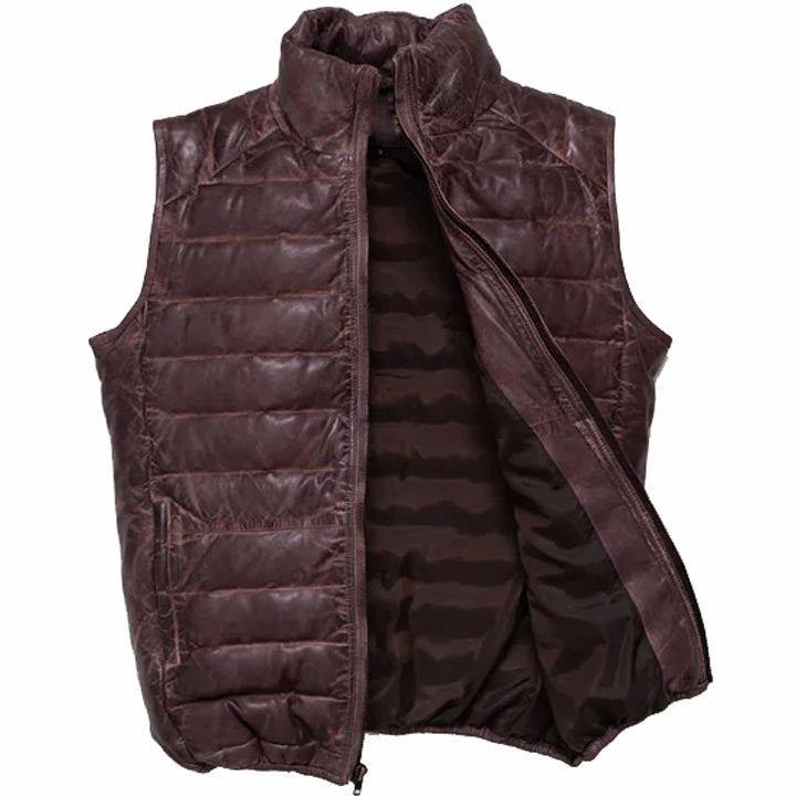 Dark Brown Leather Down Vest For Men
